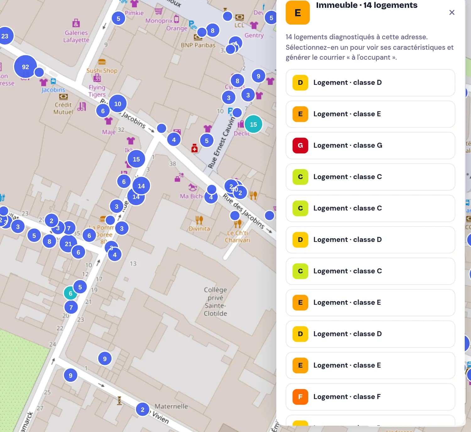 Le Radar de prospection : un immeuble ouvert sur la carte, avec la classe énergétique de chaque logement.